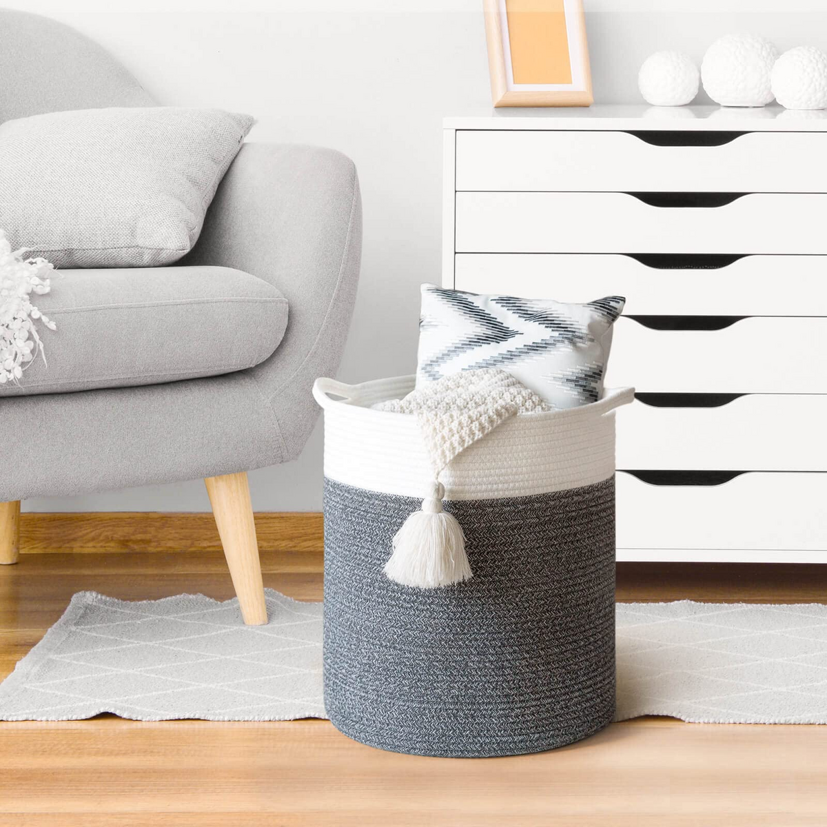 Tall Cotton Rope Basket Grey Indressme