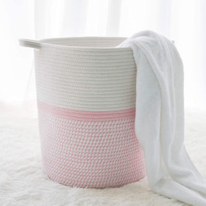 Cotton Laundry Basket With Handle - Pink & White