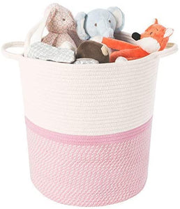 Cotton Laundry Basket With Handle - Pink & White