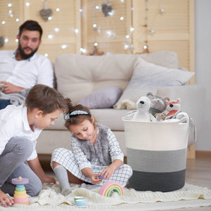 Cotton Laundry Basket With Handle - Grey & White