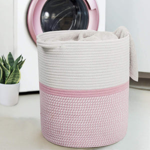 Cotton Laundry Basket With Handle - Pink & White