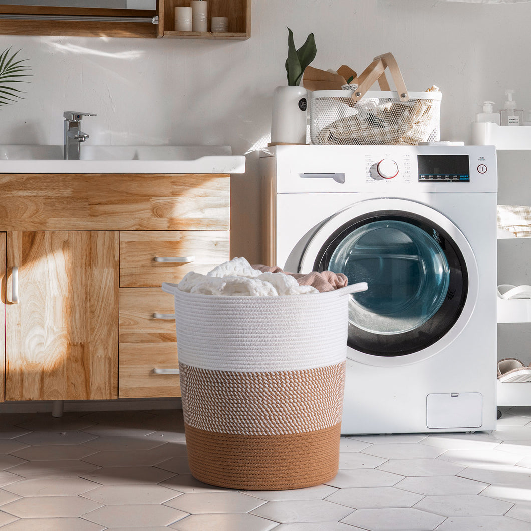 Cotton Laundry Basket With Handle - White & Jute