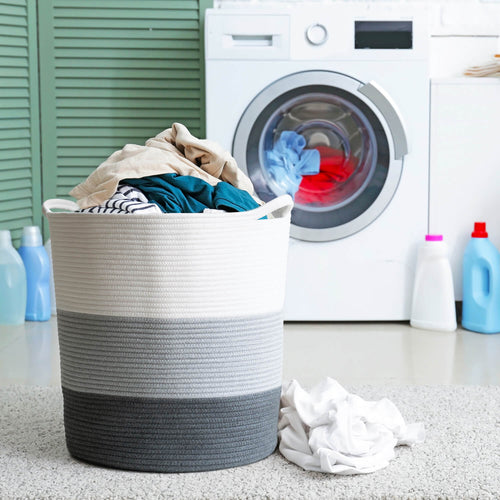 Cotton Laundry Basket With Handle - Grey & White