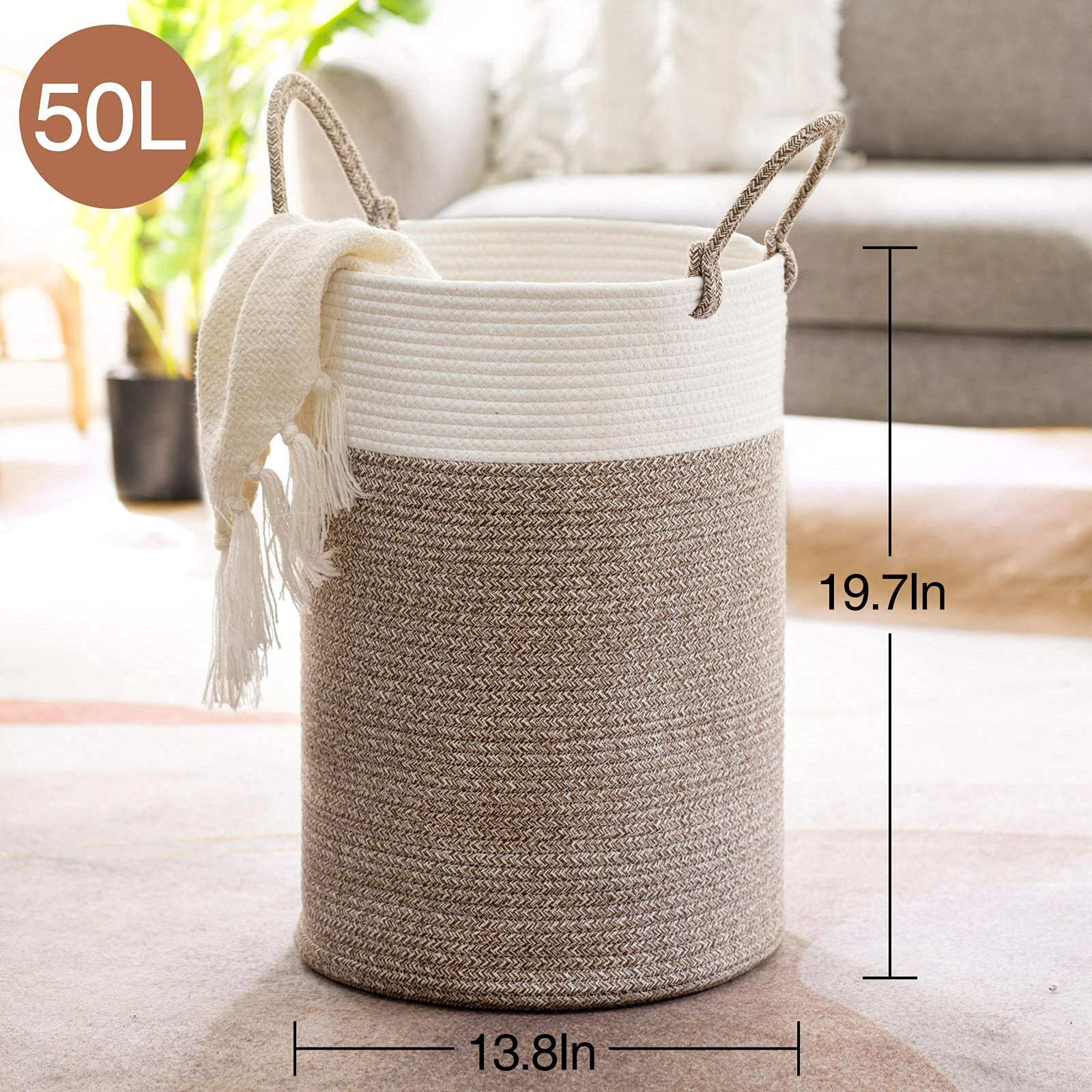 Tall Laundry Basket with Handles 19.7 H x 13.8 D White Brown