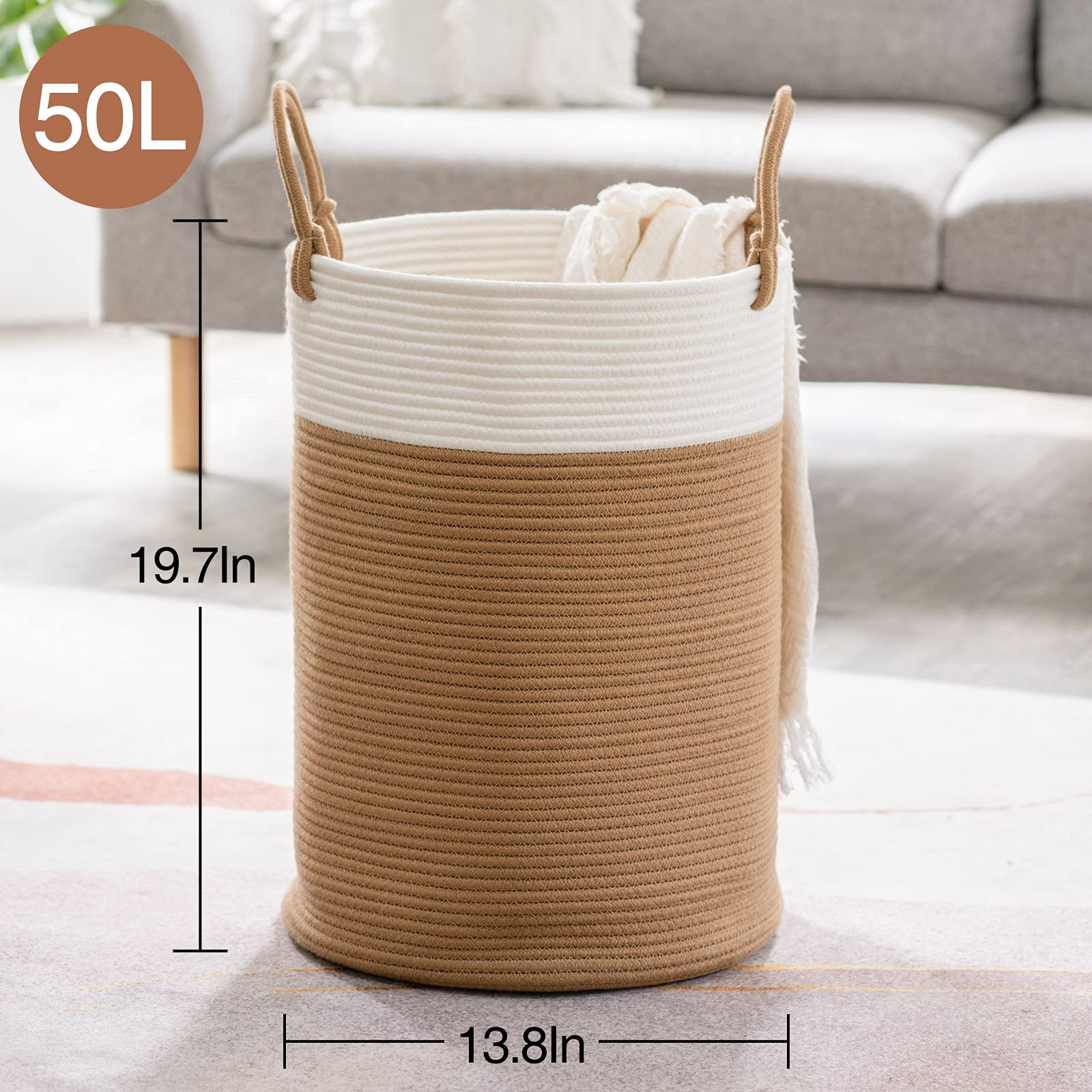 Tall Laundry Basket Woven Jute Rope Dirty Clothes Hamper Camel