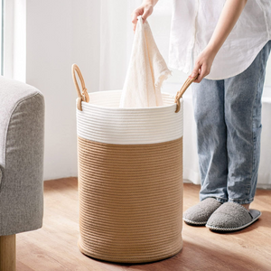 Tall Laundry Basket Woven Jute Rope Dirty Clothes Hamper, Camel