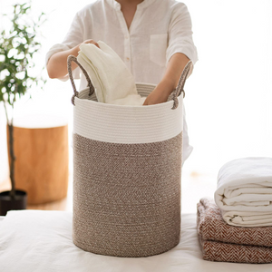 Tall Laundry Basket with Handles, 19.7''H x 13.8''D, White & Brown