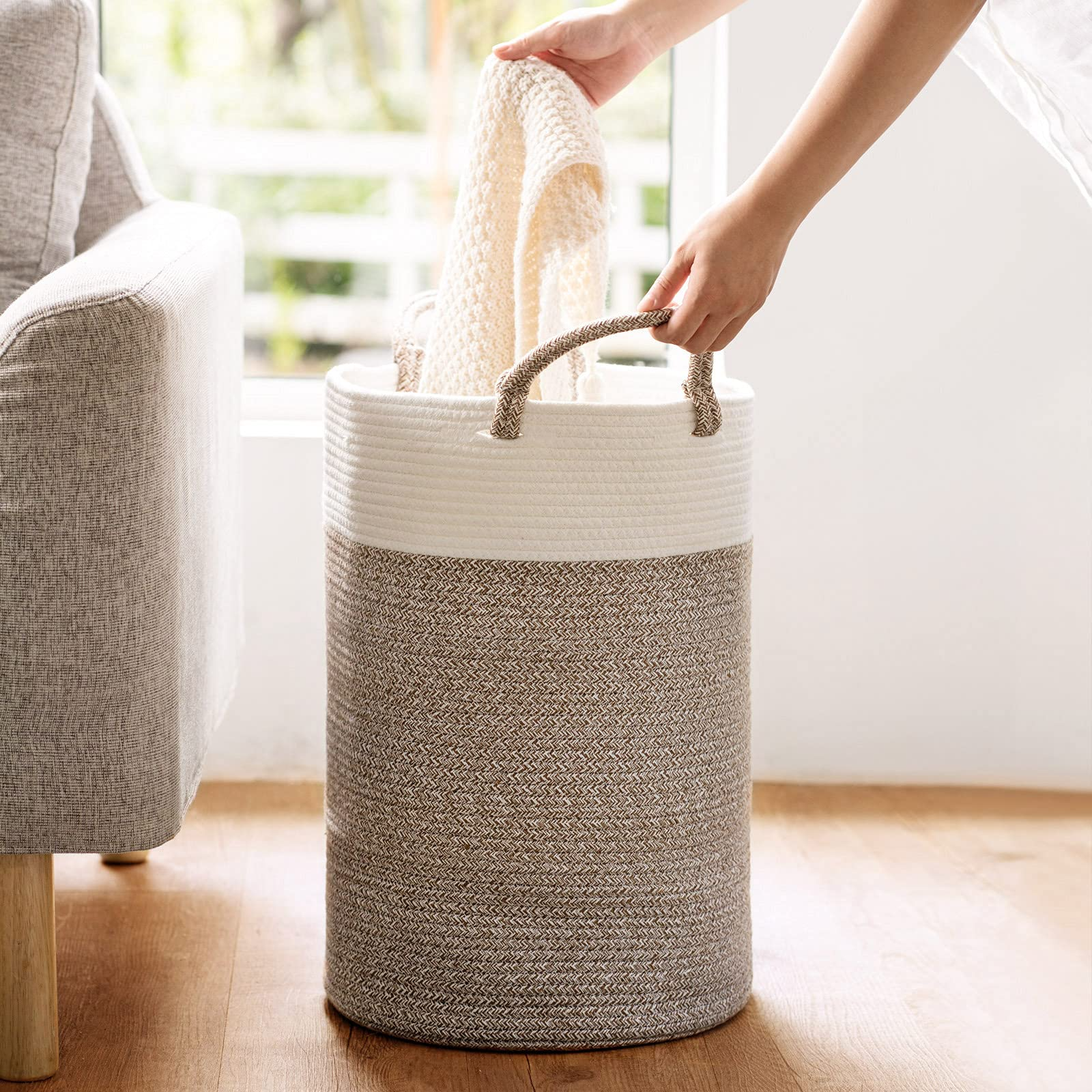 Tall Laundry Basket with Handles 19.7 H x 13.8 D White Brown
